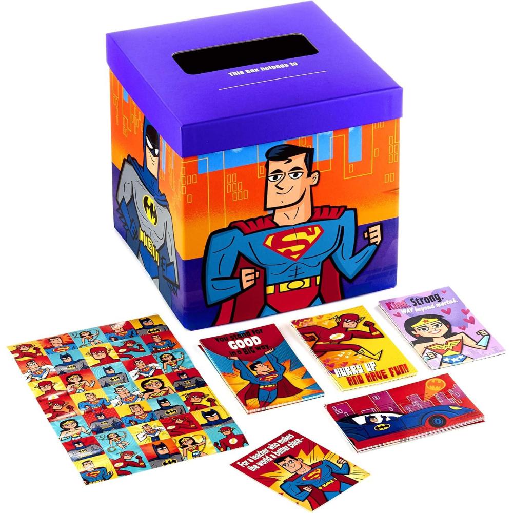 imageHallmark Justice League Valentines Day Cards and Mailbox for Kids School Classroom Exchange 1 Box 32 Valentine Cards 35 Stickers 1 Teacher CardJustice League
