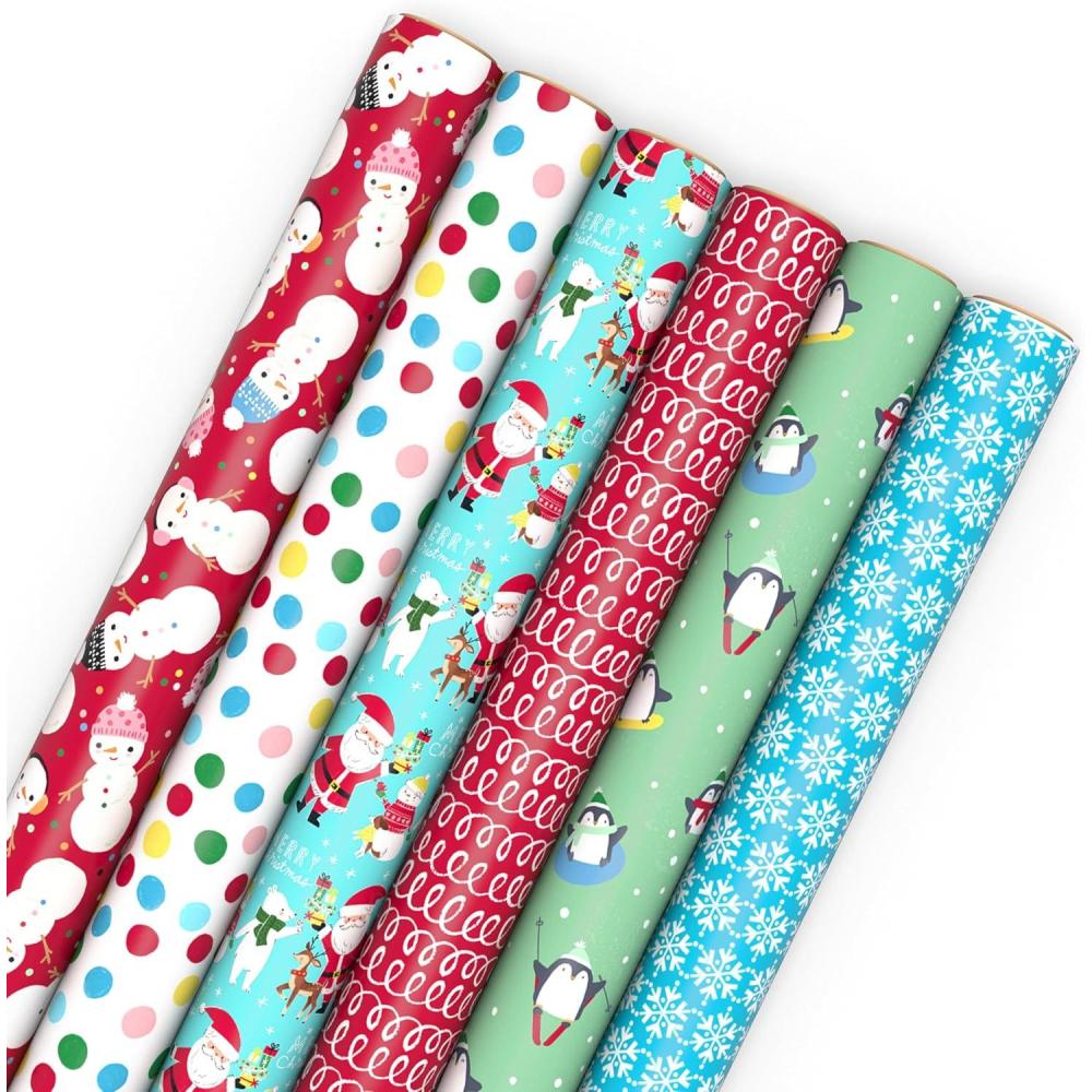 imageHallmark Kids Christmas Wrapping Paper Rolls with Cutlines on Reverse 6 Rolls 180 Sq Ft Total Snowman Snowflakes Penguins Santa ClausSnowman Dots Santa Snowflakes Penguins