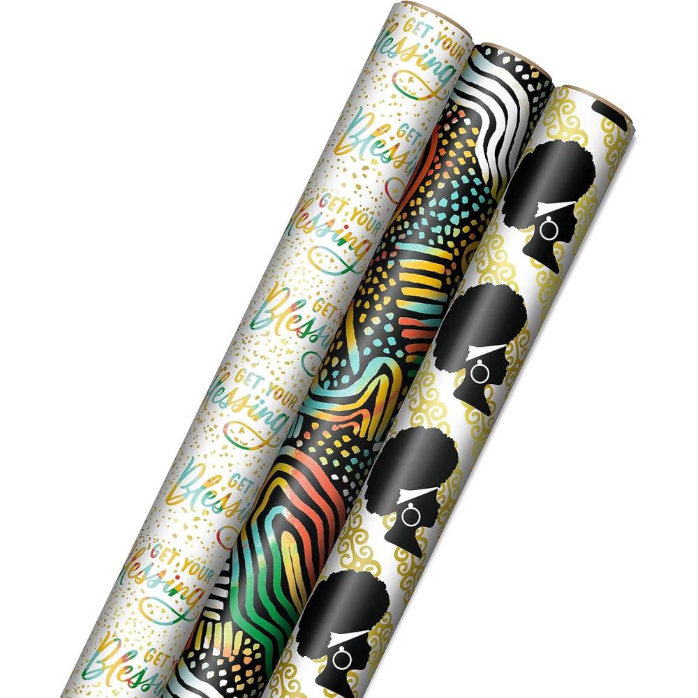 imageHallmark Mahogany Wrapping Paper with Cutlines on Reverse 3 Rolls 75 sq ft ttl quotGet Your Blessingquot for Birthdays Weddings Bridal Showers Gold Black Red Yellow Green White 0005EWR6549