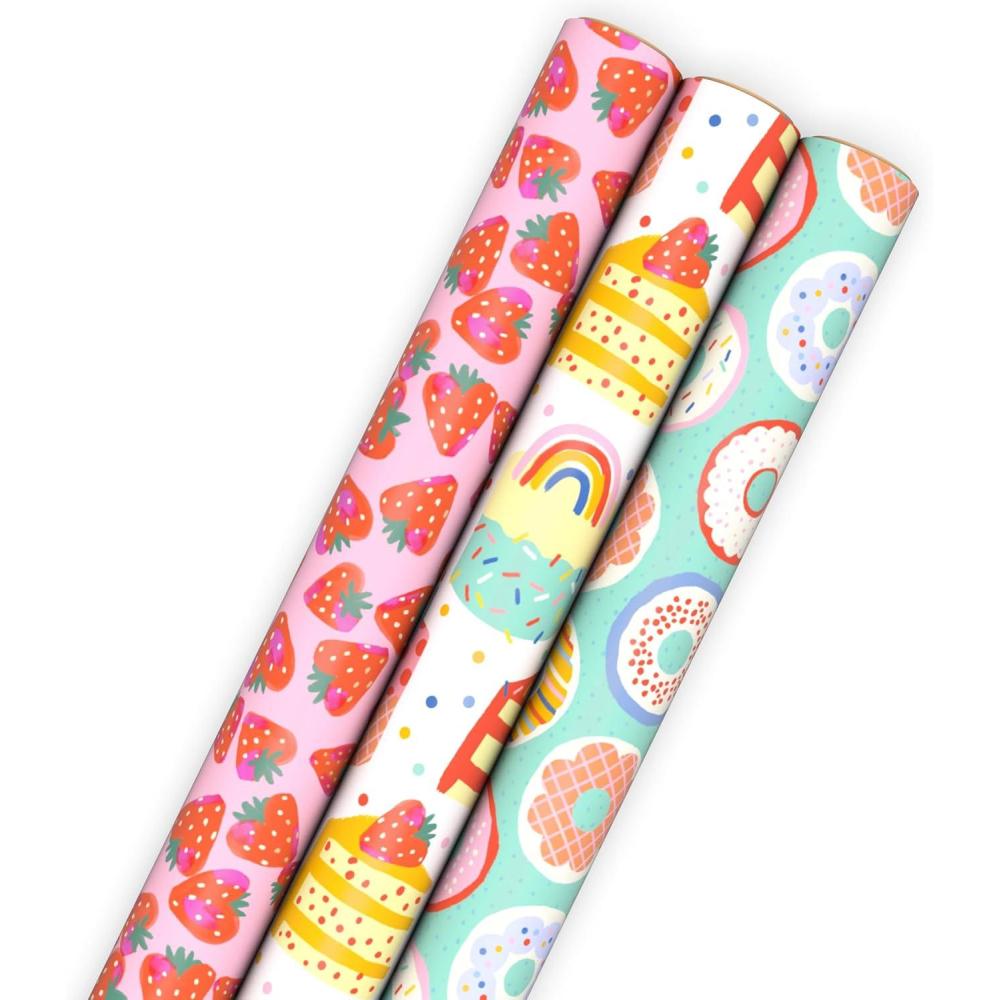 imageHallmark Pastel Wrapping Paper Rolls  Pink Purple Blue Green Yellow Orange Gift Wrap Paper Set of 3 Rolls 75 sq ft ttl for Birthday Baby Shower Easter Any OccasionDonuts and Strawberry