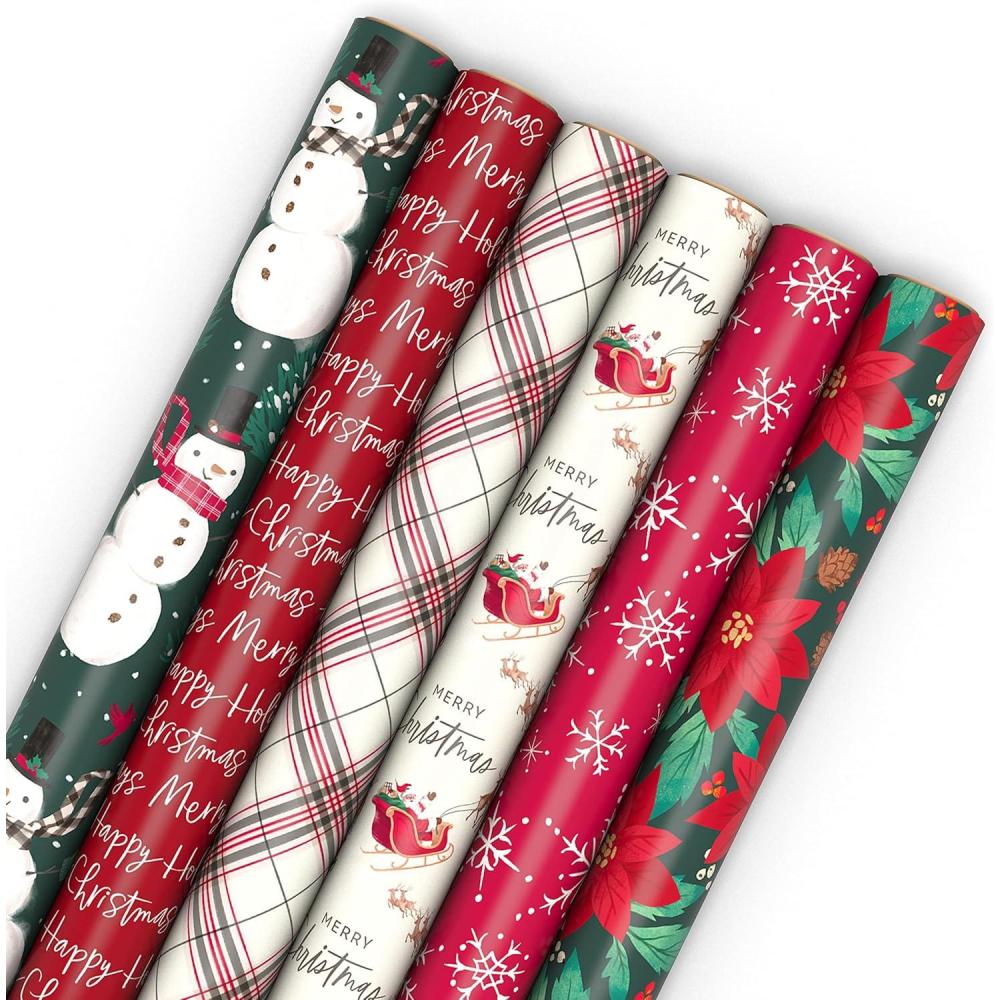 imageHallmark Recycled and Recyclable Christmas Wrapping Paper Rolls with Cutlines on Reverse 6 Rolls 150 Sq Ft Total Deer Mittens Citrus with Pinecones Red and Green QuiltSnowman  Plaid  Santas Sleigh  Snowflakes  Poinsettia