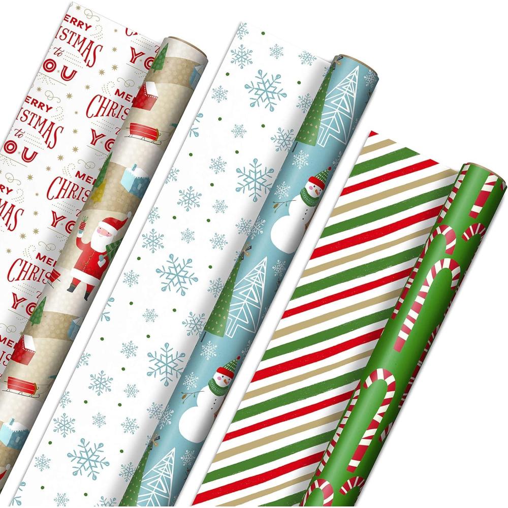 imageHallmark Reversible Christmas Wrapping Paper 3 Rolls 120 sq ft ttl Rustic Santa Papercraft Snowmen Candy Canes Stripes Snowflakes quotMerry Christmas to YouquotRustic Santa  Papercraft Snowmen  Candy Canes  Stripes  Snowflakes  Merry Christmas to You