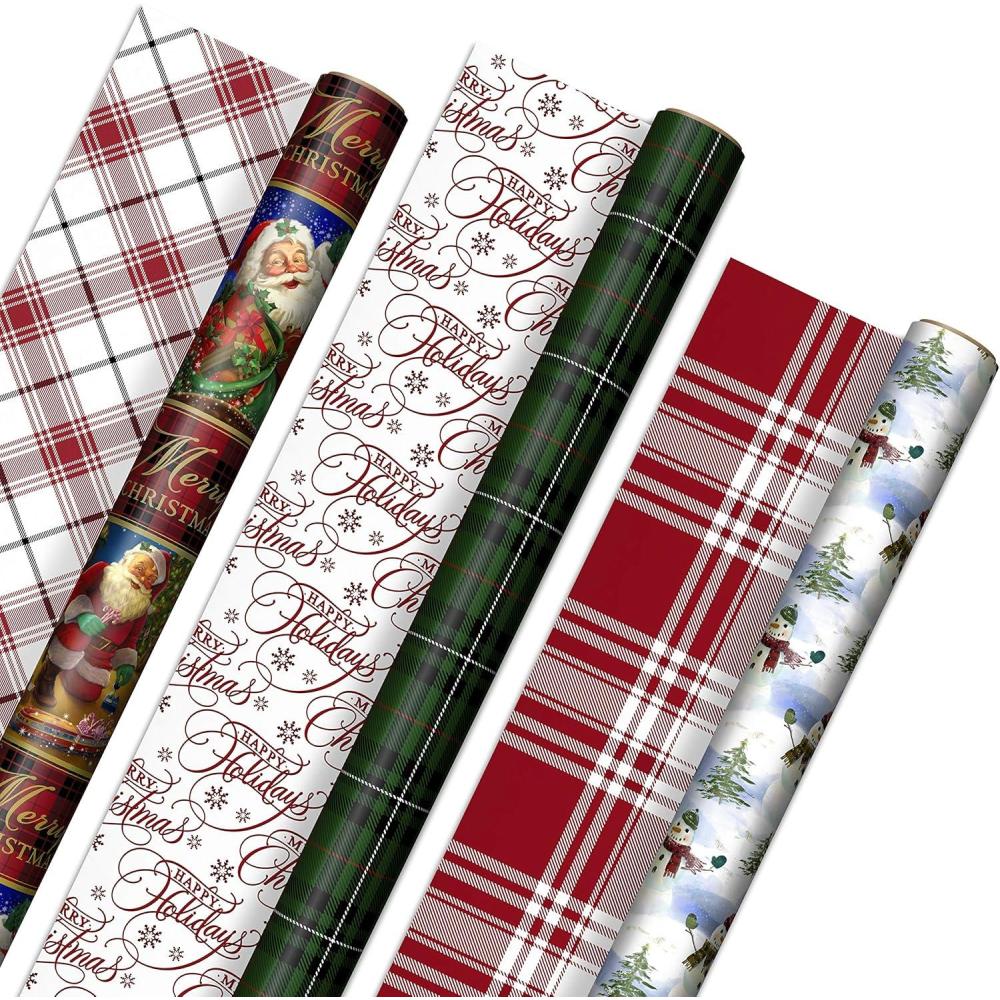 imageHallmark Reversible Christmas Wrapping Paper 3 Rolls 120 sq ft ttl Vintage Santa Snowmen Traditional Green Red and White PlaidsVintage Santa  Snowmen  Traditional Green  Red and White Plaids