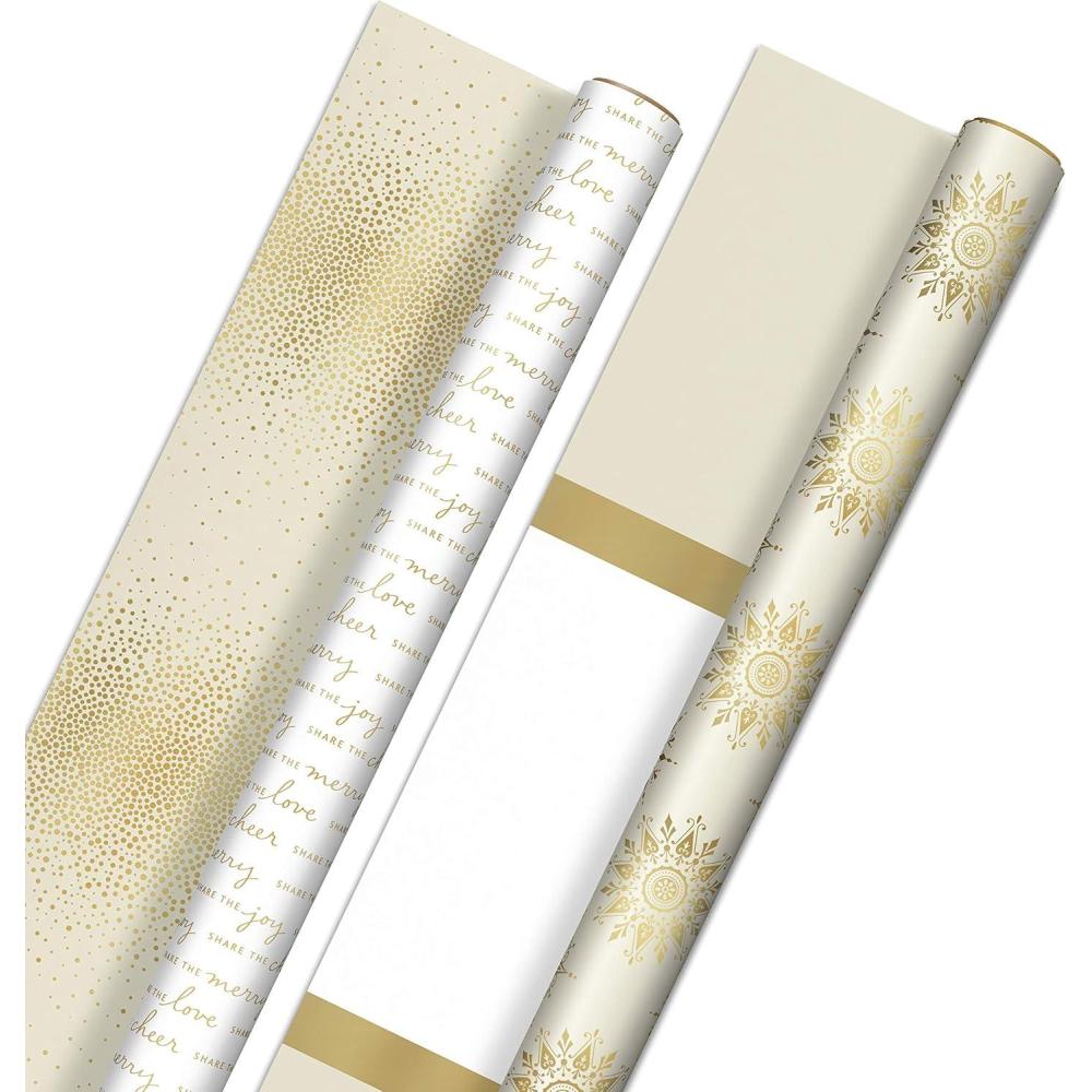 imageHallmark Reversible White and Gold Wrapping Paper  Bulk 2 Jumbo Rolls 160 sq ft ttl Share the Joy Cheer Merry Love Stripes Dots Snowflakes for Christmas Hanukkah Weddings Graduations