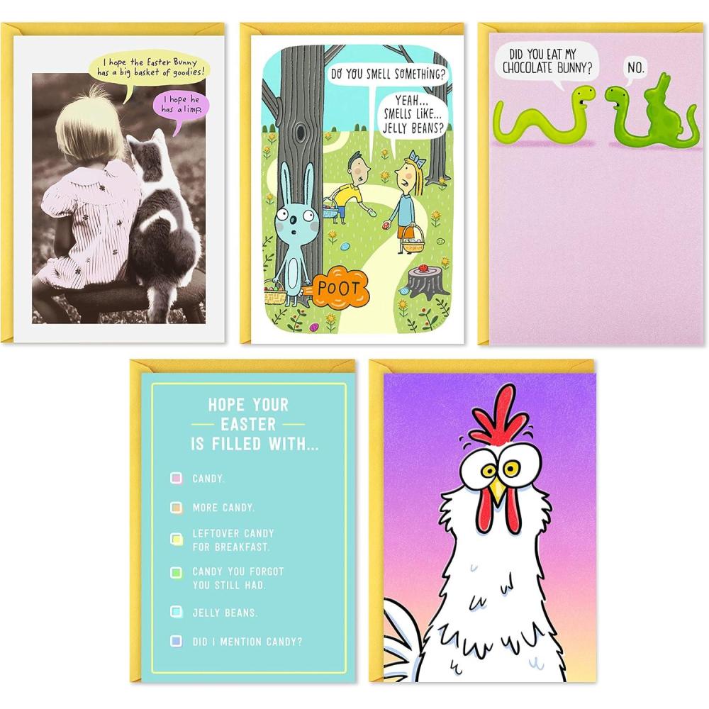 imageHallmark Shoebox Funny Easter Cards Assortment 5 Cards with Envelopes Cats Chicken Snakes Easter BunnyNew Funny Easter Cards  5 Cards with Envelopes