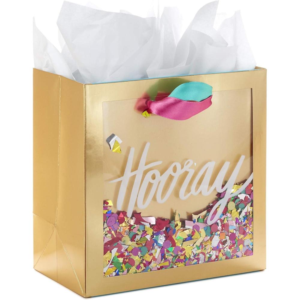 imageHallmark Signature 7quot Medium Gift Bag with Tissue Paper Hooray Gold with Pink Teal Purple Confetti for Bridal Showers Graduations Retirements and More