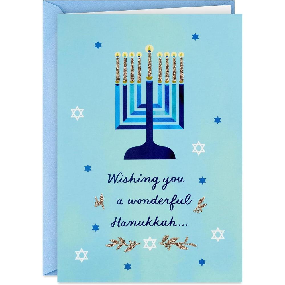 imageHallmark Tree of Life Bulk Hanukkah Boxed Cards 40 Cards and 40 Envelopes Blue with Gold Foil Menorahs Star of David Peace DoveModern Menorah
