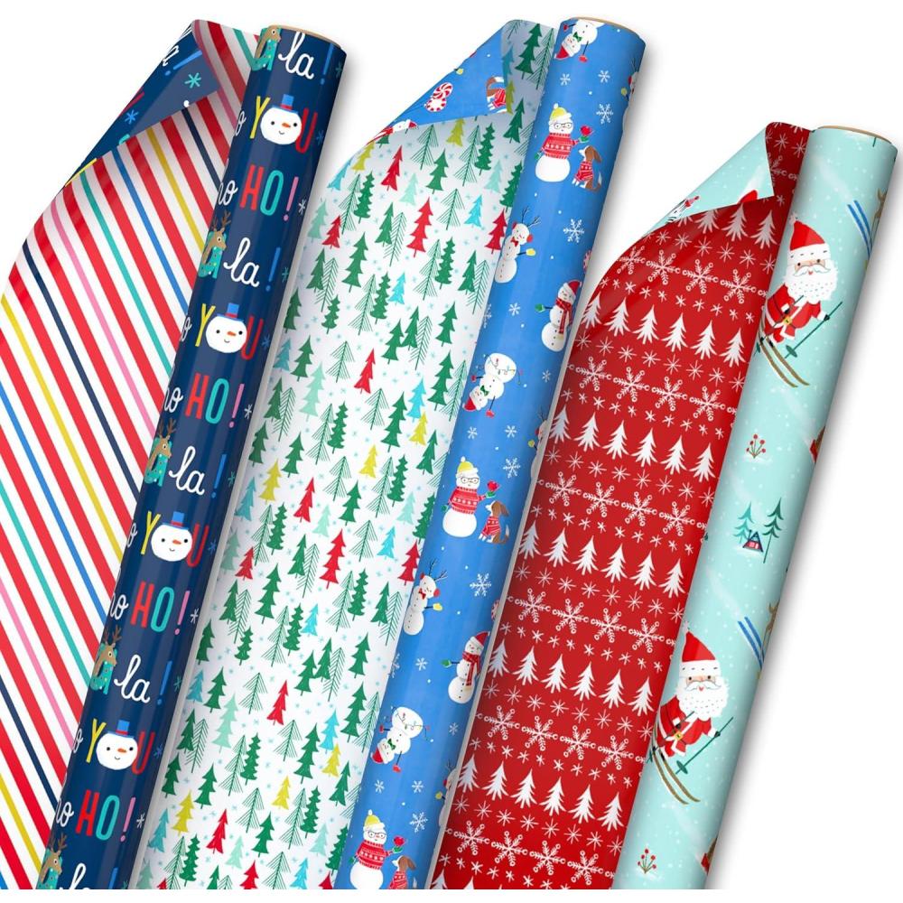 imageHallmark Trendy Reversible Christmas Wrapping Paper for Kids 3 Rolls 120 sq ft ttl Dinosaurs Koalas Polar Bears Penguins Camels Zebras StripesSnowmen  Stripes  Trees  Skiing Santa  Zebras  Hedgehogs  Penguins
