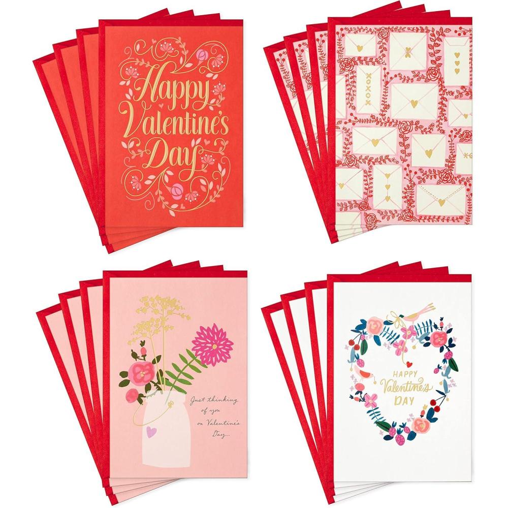 imageHallmark Valentines Day Cards Assortment 16 Cards with Envelopes Floral Designs Gold Foil Accented for Adults