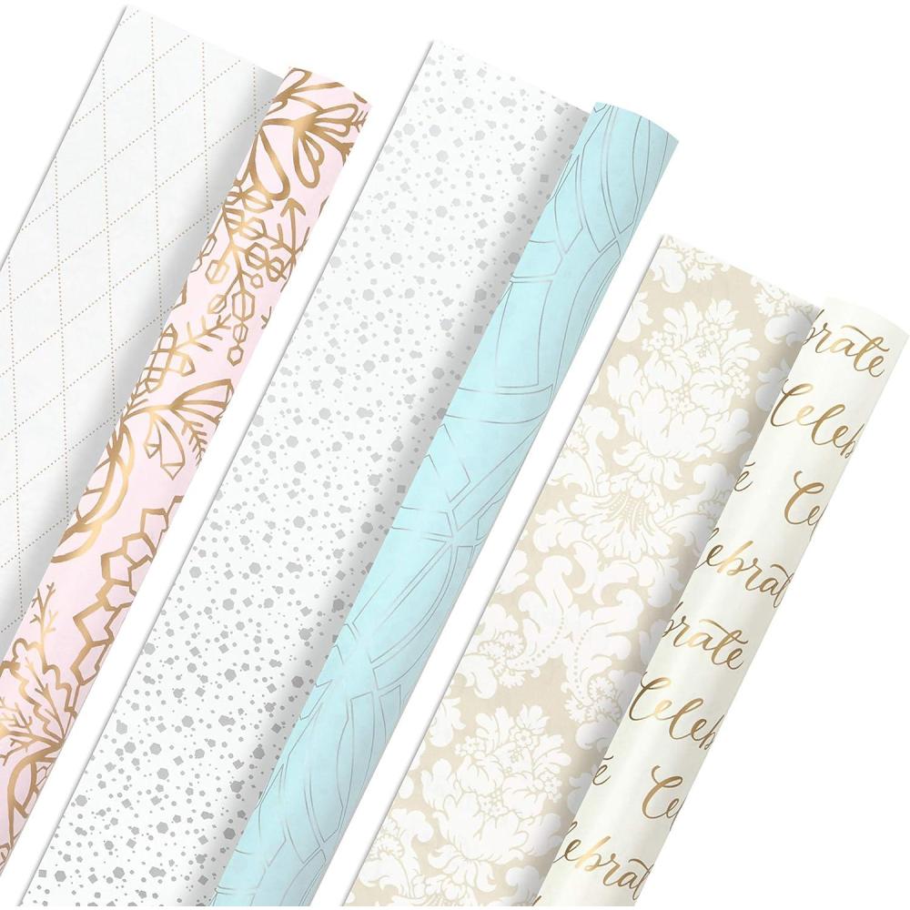 imageHallmark Wedding Wrapping Paper Rolls for Birthday Baby Shower Bridal Shower All Occasion Metallic ampamp Pastel Gold Floral Gift Wrap Paper Set of 3 Reversible Rolls 75 sq ft ttlPink Blue White