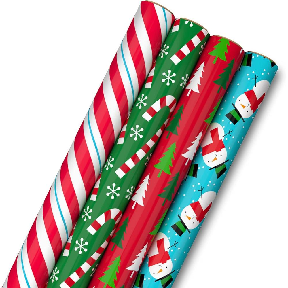 imageImage Arts Blue Christmas Wrapping Paper with Cut Lines on Reverse 4 Rolls 120 sq ft ttl Snowmen Snowflakes Blue and White StripesStripes  Candy Cane  Trees  Snowman