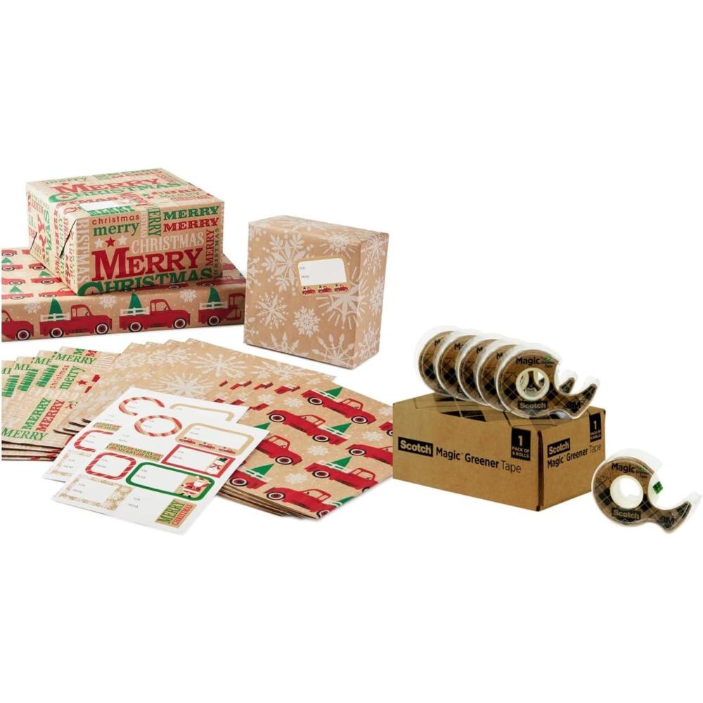 imageScotch Magic Greener Tape and Hallmark Christmas Flat Wrapping Paper Sheets Includes 6 Rolls of Tape 12 Folded Gift Wrap Sheets 16 Sticker Seals Rustic Red Trucks ampamp White Snowflakes