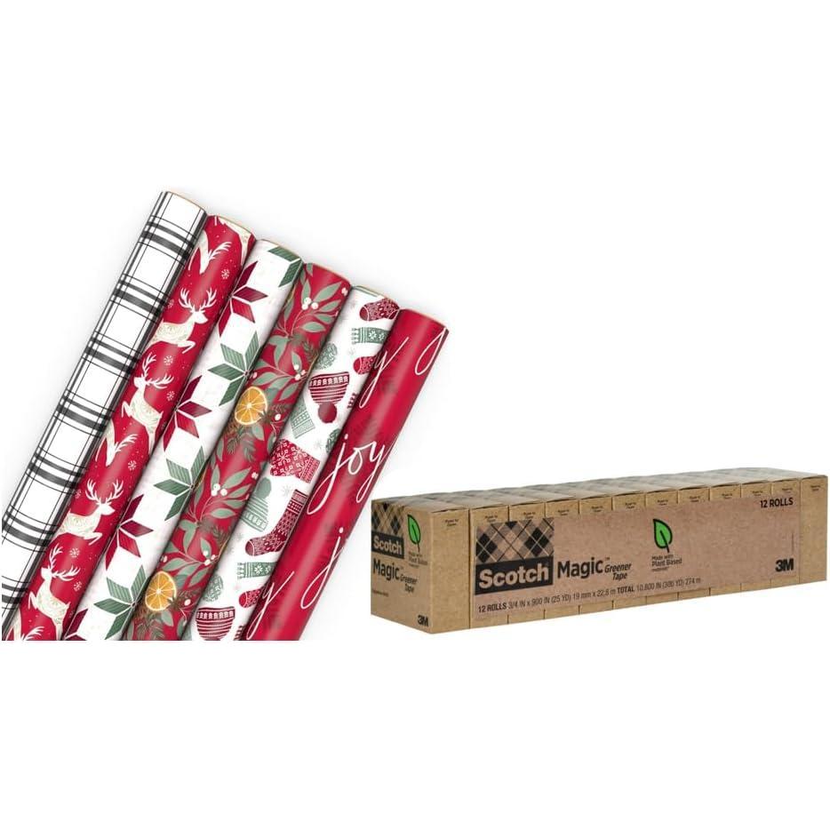 imageScotch Magic Greener Tape and Hallmark Recyclable Christmas Wrapping Paper Rolls 12 Rolls of Tape with Set of 6 Gift Wrap Rolls Red and Green Deer Mittens Citrus Quilt Plaid
