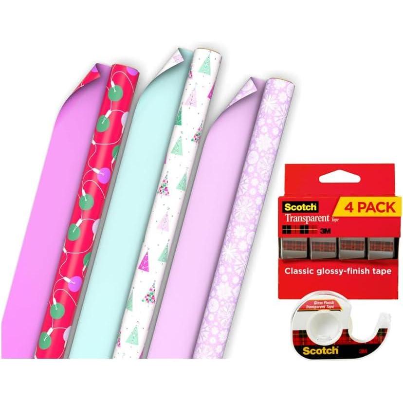 imageScotch Transparent Tape and Hallmark Christmas Wrapping Paper Rolls 4 Rolls of Tape with Set of 3 Reversible Gift Wrap Rolls Snowflakes Christmas Lights Pink Red Mint Green