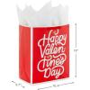 Hallmark 8″ Medium Valentine’s Day Gift Bags with Tissue Paper (3 Bags: Red with Black, Pink, White Stripes and Hearts)(Pug  Happy Valentine’s Day)