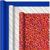 Hallmark Birthday Wrapping Paper Bundle with Cut Lines on Reverse (3-Pack: 55 sq. ft. ttl.) Bright and Holographic Prints and Patterns in Red, Blue, Yellow, White and More(Polka Dots  Rainbow Stripes  Solid Blue)