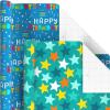 Hallmark Recycled Wrapping Paper with Cutlines on Reverse (3 Rolls: 60 Sq. Ft. Ttl) Red, Blue, Green, Gold Stripes, Candles, “Happy Birthday” for Kids and Adults(Stars  Stripes  Balloons)