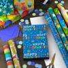 Hallmark Recycled Wrapping Paper with Cutlines on Reverse (3 Rolls: 60 Sq. Ft. Ttl) Red, Blue, Green, Gold Stripes, Candles, “Happy Birthday” for Kids and Adults(Stars  Stripes  Balloons)