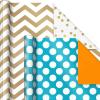 Hallmark Recycled Wrapping Paper with Cutlines on Reverse (3 Rolls: 60 Sq. Ft. Ttl) Red, Blue, Green, Gold Stripes, Candles, “Happy Birthday” for Kids and Adults(Green  Blue)