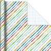 Hallmark Recycled Wrapping Paper with Cutlines on Reverse (3 Rolls: 60 Sq. Ft. Ttl) Red, Blue, Green, Gold Stripes, Candles, “Happy Birthday” for Kids and Adults(Stripes  Presents  Birthday Candles)