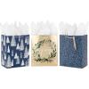 Hallmark 13″ Large Gift Bags with Tissue Paper (3 Elegant Bags: Navy Blue and White, Glittery Wreath, Trees) for Winter Weddings, Birthdays, Baby Showers(Navy  Gold)