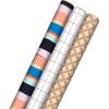 Hallmark Recyclable Kraft Wrapping Paper with Cutlines on Reverse (3 Rolls: 60 Sq. Ft. Ttl) Bold Stripes, Black and White Windowpane Plaid for Birthdays, Baby Showers, Graduations, Holidays(Kraft Colorful Stripes  Grid  Plus)