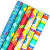 Hallmark Recycled Wrapping Paper with Cutlines on Reverse (3 Rolls: 60 Sq. Ft. Ttl) Red, Blue, Green, Gold Stripes, Candles, “Happy Birthday” for Kids and Adults(Stars  Stripes  Balloons)
