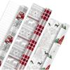 Hallmark Reversible Christmas Wrapping Paper (3 Rolls: 120 sq. ft. ttl) Rustic Santa, Papercraft Snowmen, Candy Canes, Stripes, Snowflakes, “Merry Christmas to You”(Plaid  Barn  Red Truck  Moose  Woodland Scenes)