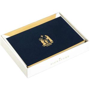 Dayspring Religious Christmas Cards (16 Cards and Envelopes) Winter Church(Gold Nativity on Navy Holiday Cards)