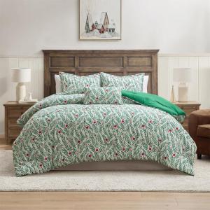Hallmark – Full/Queen Comforter, 4-Piece Holiday Comforter Set with Shams and Decorative Pillow (Red Toile, Full/Queen)(Joy to Your World Green)