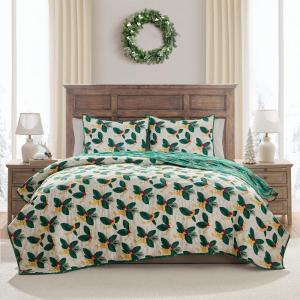 Hallmark – Full/Queen Quilt, 3-Piece Holiday Quilt Set with Shams, Reversible Quilt (Multi Candy Canes, Full/Queen)(Green Poinsettia)