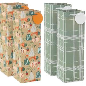 Hallmark 13″ Bottle Gift Bags with Handles and Gift Tags (4 Bags: Sage Green Plaid, Orange and Green Pumpkins) for Fall, Thanksgiving, Housewarming Parties, Boss’s Day, Wine(Sage Green  Pumpkins)