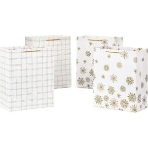 Hallmark 13″ Christmas Gift Bags (4 Large White Bags: Gold Snowflakes, Gold Plaid) for Holiday Parties, Winter Weddings, Bridal Showers