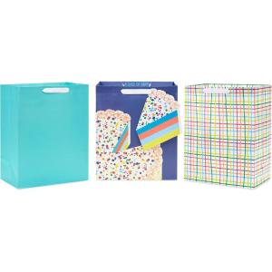 Hallmark 13″ Large Birthday Gift Bag Bundle (3 Bags: Rainbow Confetti Cake, Plaid, Solid Teal Blue)(Bag Bundle)