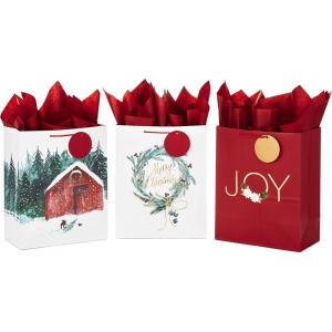 Hallmark 13″ Large Christmas Gift Bag Assortment with Tissue Paper (3 Bags: “Merry Christmas” Wreath, Gold Joy, Snowy Red Barn) Red, White, Gold Foil(Large)