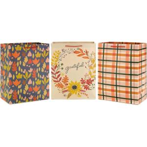 Hallmark 13″ Large Fall Gift Bag Bundle (3 Bags: Orange and Tan Plaid, Leaves, Grateful Wreath) for Thanksgiving, Friendsgiving, Boss’s Day, Clergy Appreciation, Grandparents Day(Fall Colors)