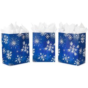 Hallmark 13″ Large Gift Bag Bundle (3 Bags: 2 Vertical, 1 Horizontal) Watercolor Winter Wreath, Trees, Joy in Lavender, Sage Green, Light Blue, Silver(Extra Large)