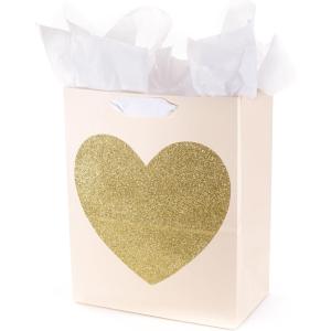 Hallmark 13″ Large Gift Bag with Tissue Paper (Green Foliage, Gold Heart) for Weddings, Engagements, Anniversaries, Bridal Showers, and More(Pink with Gold Heart)