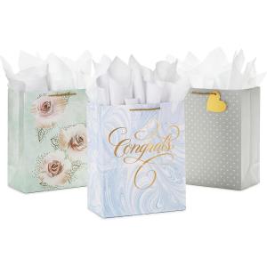 Hallmark 13″ Large Gift Bags with Tissue Paper (3 Bags: Blue Marble Congrats, Polka Dots, Flowers) for Weddings, Anniversary, Bridal Showers