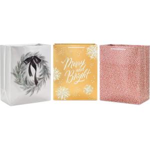 Hallmark 13″ Large Gift Bags with Tissue Paper (3 Elegant Bags: Navy Blue and White, Glittery Wreath, Trees) for Winter Weddings, Birthdays, Baby Showers(Metallic Gold  Silver  Rose Gold)