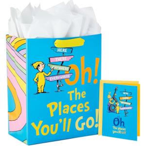 Hallmark 13″ Large Graduation Gift Bag with Greeting Card and Tissue Paper (Black, Red, Blue, Holographic) for High School, College, Law School, Nursing, Kindergarten(Blue)