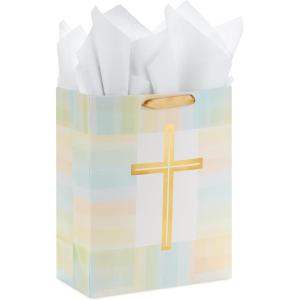 Hallmark 13″ Large Religious Gift Bag with Tissue Paper (Gold Cross, Green, Yellow) for Easter, First Communion, Confirmation, Weddings, Clergy Day(1 Count (Pack of 1))