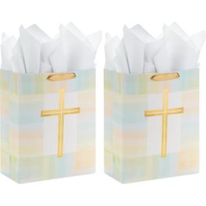 Hallmark 13″ Large Religious Gift Bag with Tissue Paper (Gold Cross, Green, Yellow) for Easter, First Communion, Confirmation, Weddings, Clergy Day(1 Count (Pack of 2))