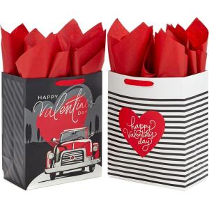 Hallmark 13″ Large Valentine’s Day Gift Bags with Tissue Paper (2 Bags: Vintage Red Truck, Black and White Stripes) for Adults, Spouse, Husband, Boyfriend