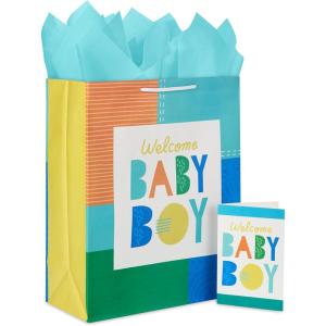 Hallmark 15″ Extra Large Baby Gift Bag with Tissue Paper (Woodland Animals) for Baby Showers, New Parents and More(Welcome Baby Boy)