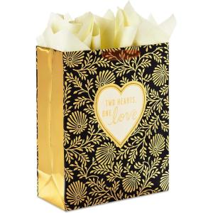 Hallmark 15″ Extra Large Gift Bag with Tissue Paper (“Two Hearts, One Love” Black and Gold) for Weddings, Anniversaries, Engagements, Valentine’s Day(Two Hearts  One Love)