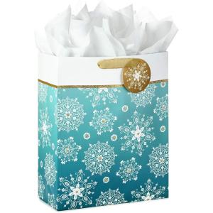 Hallmark 15″ Extra Large Holiday Gift Bag with Tissue Paper (Teal Blue and Gold, Snowflakes) for Hanukkah, Winter Solstice, Christmas(Snowflakes on Teal)