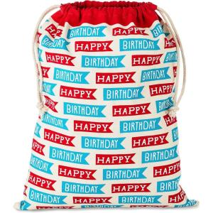 Hallmark 19″ Large Canvas Bag with Drawstring (Ivory with Black Hearts) for Valentines Day, Weddings, Bridal Showers, Anniversary and More(Blue and Red Birthday)