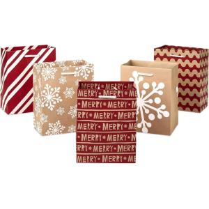 Hallmark 6″ Small Holiday Gift Bag Set (Pack of 5; Red, White and Kraft) Snowflakes, Stripes, Merry (5XGB1798)(Small)