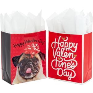 Hallmark 8″ Medium Valentine’s Day Gift Bags with Tissue Paper (3 Bags: Red with Black, Pink, White Stripes and Hearts)(Pug  Happy Valentine’s Day)